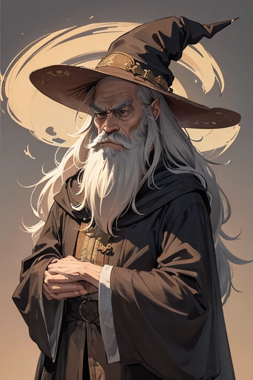 cantankerous grumpy old wizard, skinny, lanky, long ruffled whispy hair