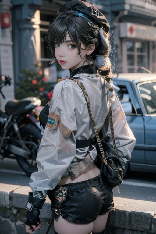  19 years old, (milf:0.8), (solo:1.5), (sfw:1.25), sexy breast, beautiful breasts, (medium tits:0.8), thin waist, big ass:1.0, Raised sexy, (black beret,black military jacket, open clothes, cleavage, midriff, black shorts, black thighhighs, thigh strap, fingerless gloves, single glove:1.2), blue eyes, light smile, big , Revimpling fabric, earrings, Hand gloves, detailed face,(hold a cigarette:1.1),long hair,side ponytail,hair between eyes,bangs,detailed and beautiful eyes,beautiful detailed lips,Rolling her eyes,manner,hair over one eye, (ultra high resolution, 8K RAW photo, photo realistics, thin outline:1.3, clear focus), best qualtiy, natural lighting, textile shading, field depth, (Bright pupils, fine detailed beautiful eyes with highlight:1.3, high detailed face), Red lip, fine realistic skins:1.1, looking down viewers:1.3, (dynamic angle:1.3, front view:1.1, breast focus:1.3, from above:1.2), (dynamic posing:1.5, sexy posing:1.2),Youghal, side lock, hair ornaments,nice,garden background,artistic rendering,Super detailed,(highest quality,4k,8K,High resolution,masterpiece:1.2),Bright colors,studio lighting ,at military base in usa 