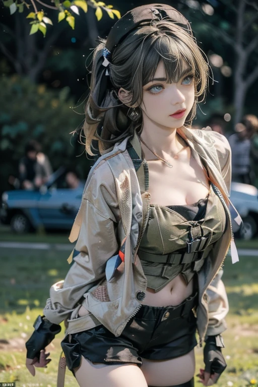 19 years old, (milf:0.8), (solo:1.5), (sfw:1.25), sexy breast, beautiful breasts, (medium tits:0.8), thin waist, big ass:1.0, Raised sexy, (black beret,black military jacket, open clothes, cleavage, midriff, black shorts, black thighhighs, thigh strap, fingerless gloves, single glove:1.2), blue eyes, light smile, big , Revimpling fabric, earrings, Hand gloves, detailed face,(hold a cigarette:1.1),long hair,side ponytail,hair between eyes,bangs,detailed and beautiful eyes,beautiful detailed lips,Rolling her eyes,manner,hair over one eye, (ultra high resolution, 8K RAW photo, photo realistics, thin outline:1.3, clear focus), best qualtiy, natural lighting, textile shading, field depth, (Bright pupils, fine detailed beautiful eyes with highlight:1.3, high detailed face), Red lip, fine realistic skins:1.1, looking down viewers:1.3, (dynamic angle:1.3, front view:1.1, breast focus:1.3, from above:1.2), (dynamic posing:1.5, sexy posing:1.2),Youghal, side lock, hair ornaments,nice,garden background,artistic rendering,Super detailed,(highest quality,4k,8K,High resolution,masterpiece:1.2),Bright colors,studio lighting ,at military base in usa