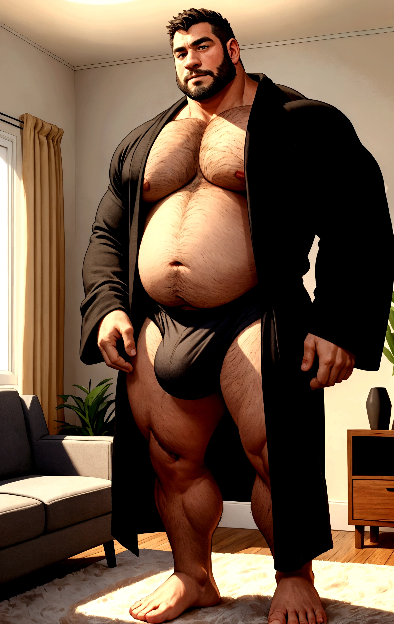 40 years old white Male, tall, giant body, handsome, dad bod, beefy, strong arms and legs, wide shoulders, a bit chubby muscle gut, a bit of fat but still very muscular, extremely hairy, a lot of body hair, short beard, wearing an untie black bathrobe with long sleeves, wearing a black boxer brief, unrealistic oversized big bulge, barefoot, smirking, modern minimalist living room