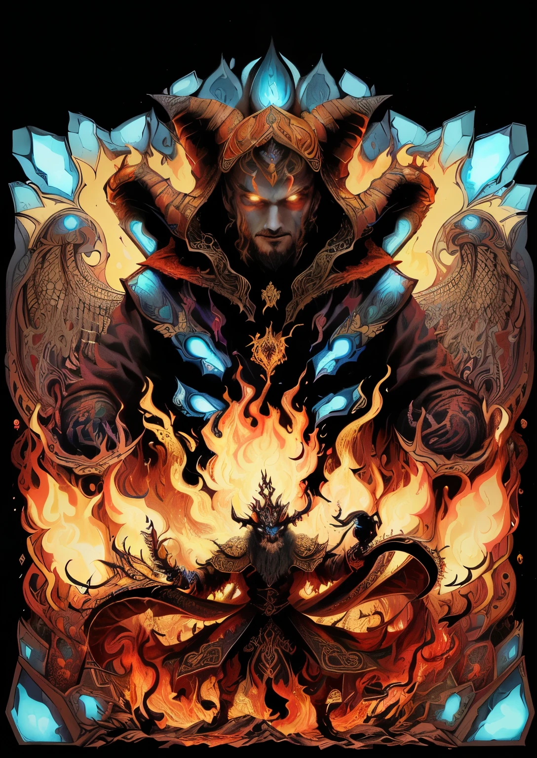 a close up of a poster of a demonic creature with fire, e Mumford and alex grey style, el bosco and e Mumford, in the style e Mumford artwork, in the art style of e Mumford, epic color illustration, fractal thunder e Mumford, ( ( ( ( ( e Mumford ) ) ) ) ), inspired by Dan Mumford