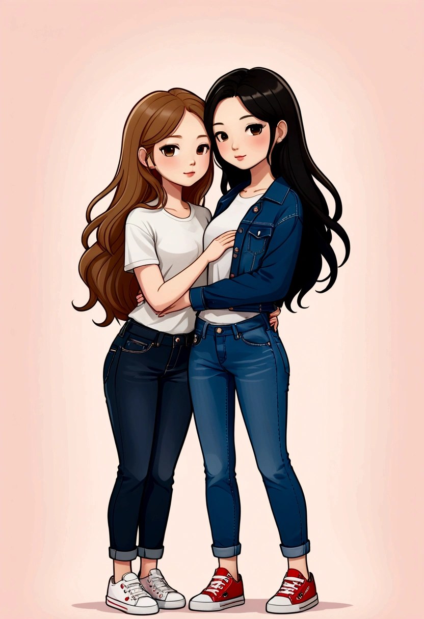 Two beautiful chibis women very much in love, one is British with light brown hair and the other is a beautiful Asian with long black hair. They both dress casual and modern, in jeans and sneakers. They are embraced tenderly