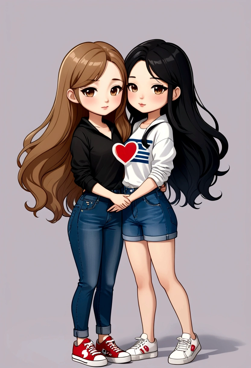 Two beautiful chibis women very much in love, one is British with light brown hair and the other is a beautiful Asian with long black hair. They both dress casual and modern, in jeans and sneakers. They are embraced tenderly