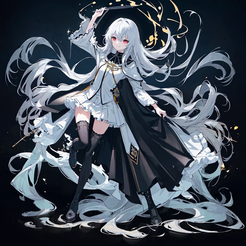 [(white background:1.4)::5],original,(illustration:1.1),(best quality),(masterpiece:1.1),(extremely detailed CG unity 8k wallpaper:1.1), (colorful:0.9),(mid shot:0.95),(full body:1.5),Dynamic angle,(solo:1.2), (girl),(((adult))), (detailed beautiful eyes:1.15), (beautiful face:1.15), (glowing black eyes:1.25////),(blue long hair),(+perfect hand+:1.21),(Draw an illustration of a holy knight wizard),(Religious),(slender),(is wearing boots on her feet),((is wearing black thighhighs)),smile,(frilled mini skirt with metal decorations),beautiful slender adult,((white clothes)),