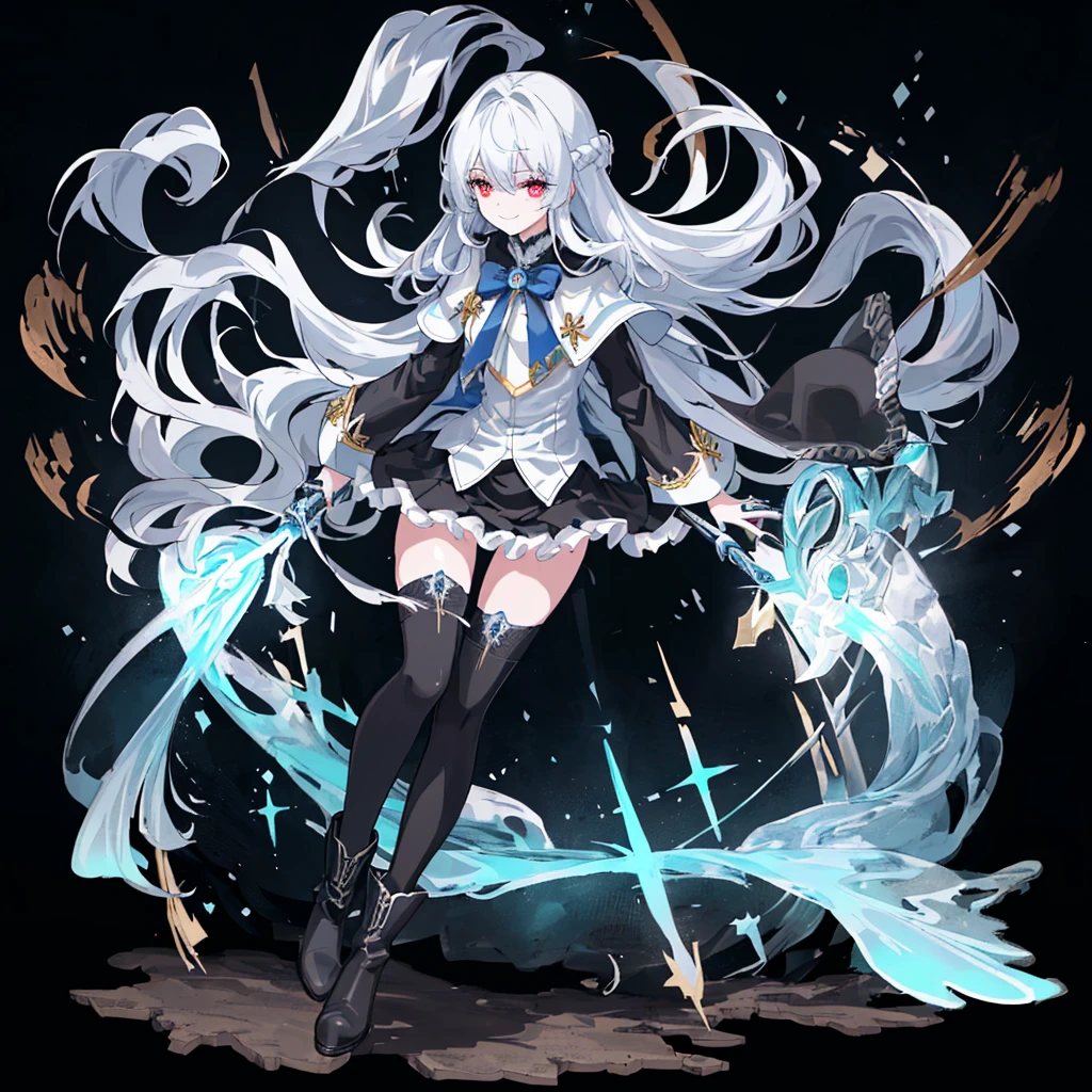 [(white background:1.4)::5],original,(illustration:1.1),(best quality),(masterpiece:1.1),(extremely detailed CG unity 8k wallpaper:1.1), (colorful:0.9),(mid shot:0.95),(full body:1.5),Dynamic angle,(solo:1.2), (girl),(((adult))), (detailed beautiful eyes:1.15), (beautiful face:1.15), (glowing black eyes:1.25////),(blue long hair),(+perfect hand+:1.21),(Draw an illustration of a holy knight wizard),(Religious),(slender),(is wearing boots on her feet),((is wearing black thighhighs)),smile,(frilled mini skirt with metal decorations),beautiful slender adult,((white clothes)),