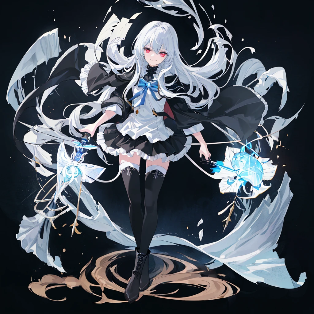[(white background:1.4)::5],original,(illustration:1.1),(best quality),(masterpiece:1.1),(extremely detailed CG unity 8k wallpaper:1.1), (colorful:0.9),(mid shot:0.95),(full body:1.5),Dynamic angle,(solo:1.2), (girl),(((adult))), (detailed beautiful eyes:1.15), (beautiful face:1.15), (glowing black eyes:1.25////),(blue long hair),(+perfect hand+:1.21),(Draw an illustration of a holy knight wizard),(Religious),(slender),(is wearing boots on her feet),((is wearing black thighhighs)),smile,(frilled mini skirt with metal decorations),beautiful slender adult,((white clothes)),