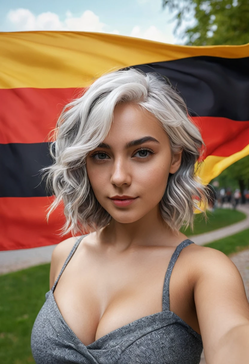 selfie-mode, Sierra, a young, athletic woman, midsize breasts, round booty, curvy hips, (shoulder-short, unusually_white_hair_with_grey_strands, full_hair, wavy_hair, messy_hair:1.3), (wearing bodycon dress in colors of the German flag black, red and yellow:), in a city park, taking selfie, natural skin, cinematic, colorful background, concept art, 8k, dramatic lighting, high detail, highly detailed, hyper realistic, intricate, intricate sharp details, octane render, smooth, studio lighting, trending on artstation