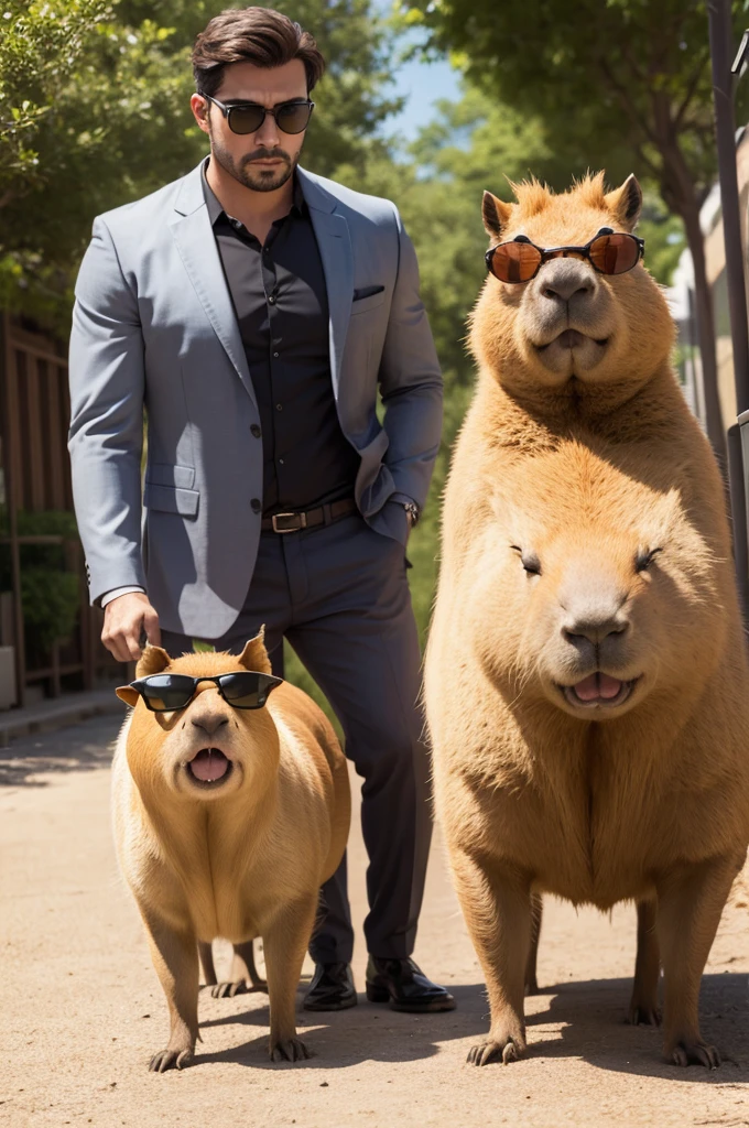 A capybara wearing sunglasses with a bodyguard