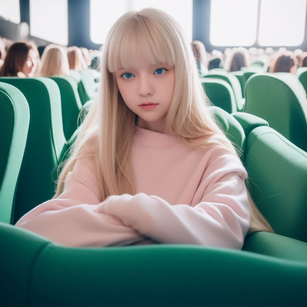 Pale blonde teen girl bangs long soft silky hair, blue-green eyes, taking a close-up photo alone in the cinema seats, with white sweatshirt and light pink pants and good quality
