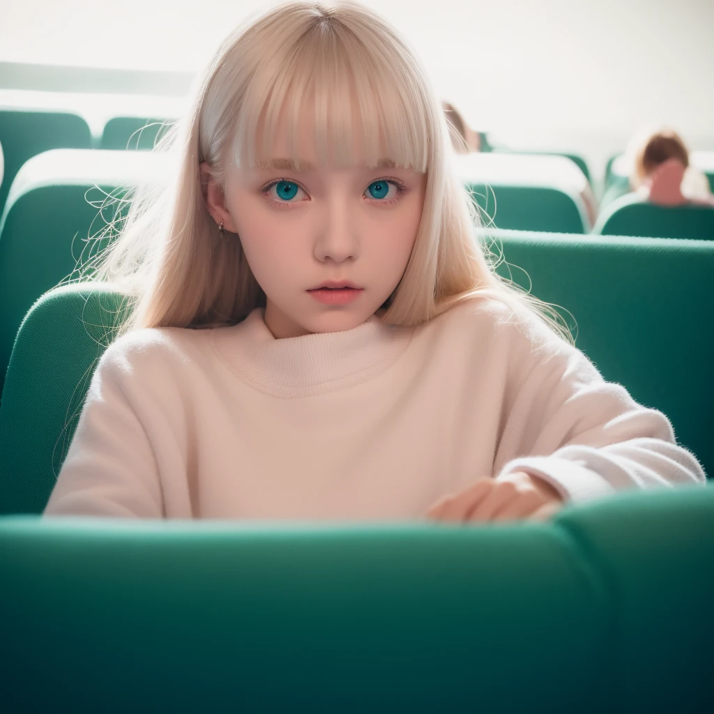 Pale blonde teen girl bangs long soft silky hair, blue-green eyes, taking a close-up photo alone in the cinema seats, with white sweatshirt and light pink pants and good quality