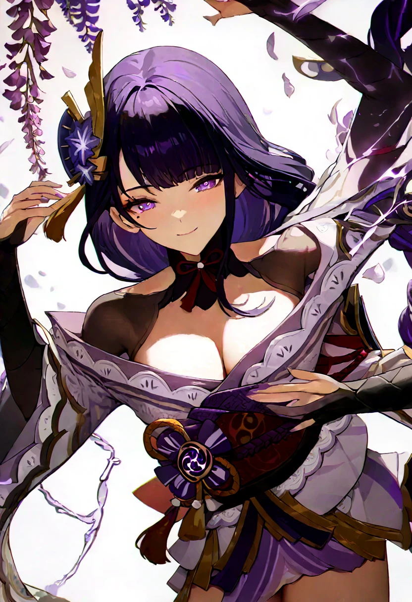 Super detailed,(Highest quality),((masterpiece)),(High resolution),original,Highly detailed 8k wallpaper,(Very delicate and beautiful),Highest_hand,anime,    (\Raiden Shogun\),Beautiful pupils,White background,Purple lightning and wisteria petals dancing,smile