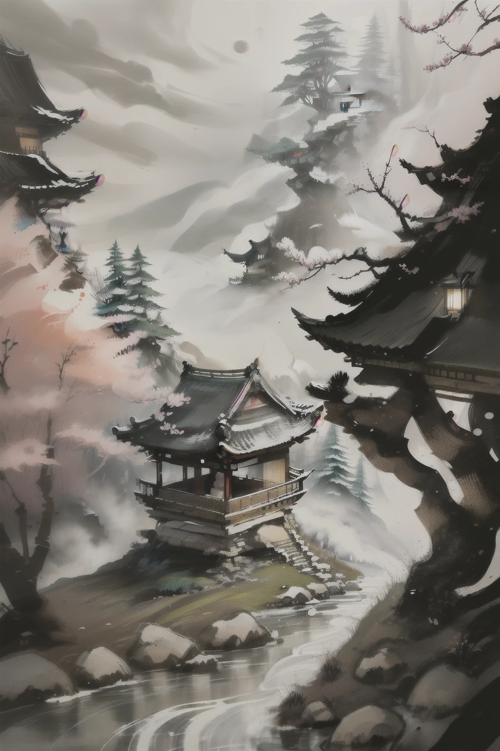 Chinese martial arts style, with vast sky, in the forest, mountain side, cliffs, ink wash style, outline light, atmospheric atmosphere, depth of field, mist rising, bamboo, pine trees, winter, cherry blossoms, stone pavilions, waterfalls, ink 