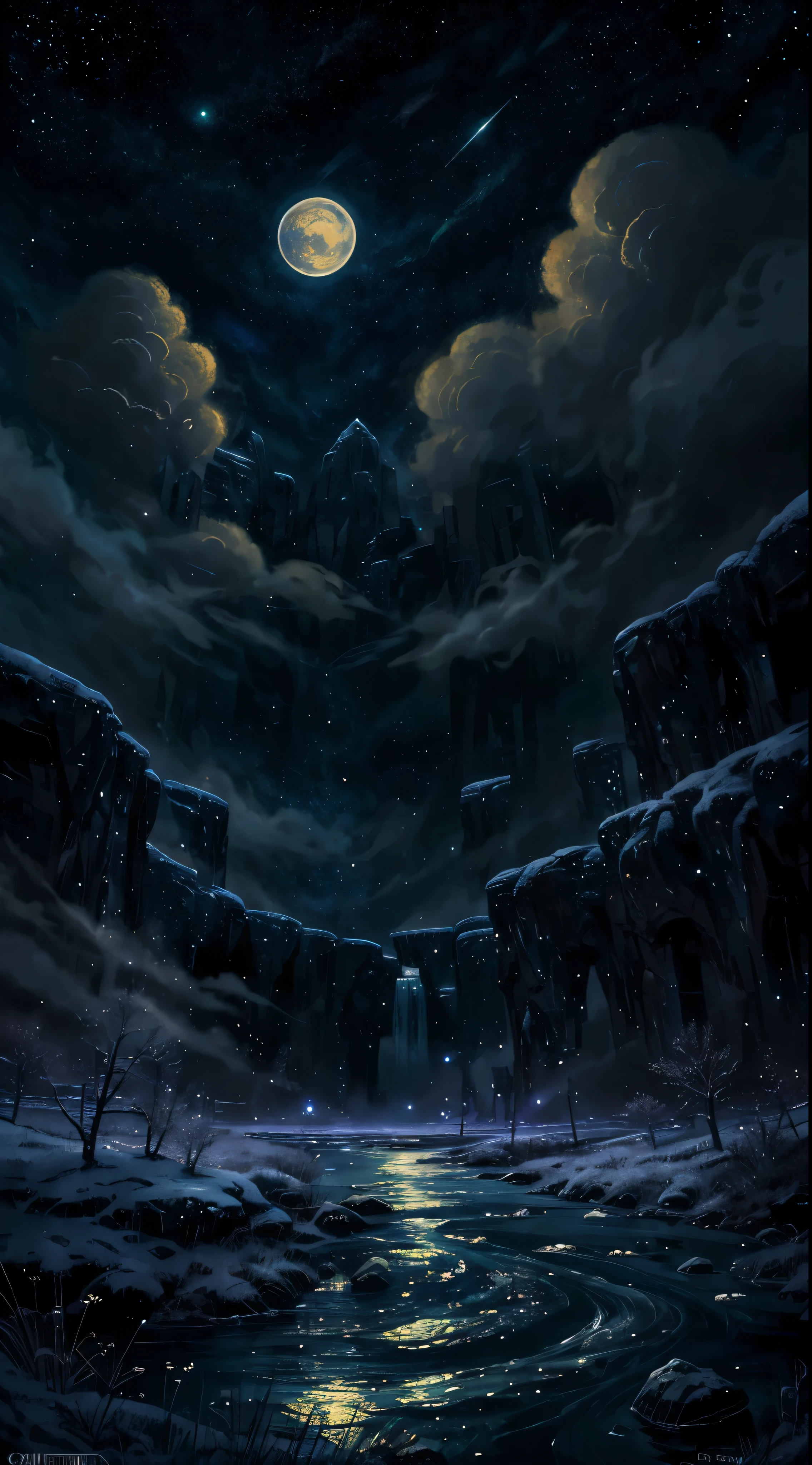 A highly condensed beauty dressed in a painting of stars and moons in the river and sky, concept art inspired by Tosa Mitsuoki, pixiv competition winner, best quality, fantasy art, beautiful anime scenes, a round of bright moon, starry sky environment in the moonlight, dream painting, anime background art, dream landscape art, fantastic night, anime background, background artwork, fantastic art, atmospheric anime, starry sky, detail enhancement.  