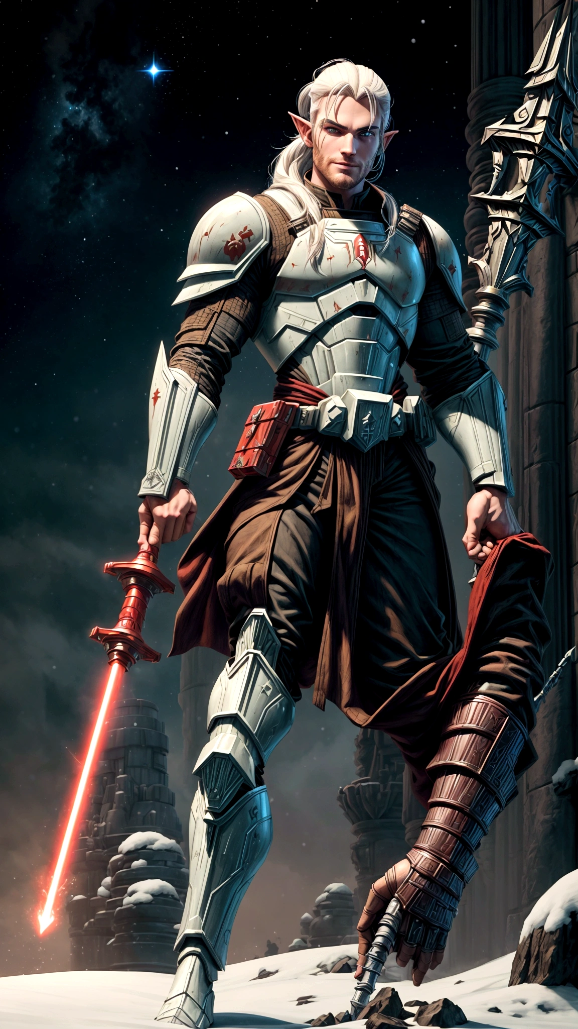 full body portrait, star wars clone wars art style, 3d shading, tall brawny muscular, pale white skin, snow elf, subtle grin, long scarlet red tied back hair, thick eyebrows and stubble, red eyes, holding his twohanded claymore greatsword the large green plasma blade, black half plate armor with a Pauldron and dark brown leather accents, bright space station background