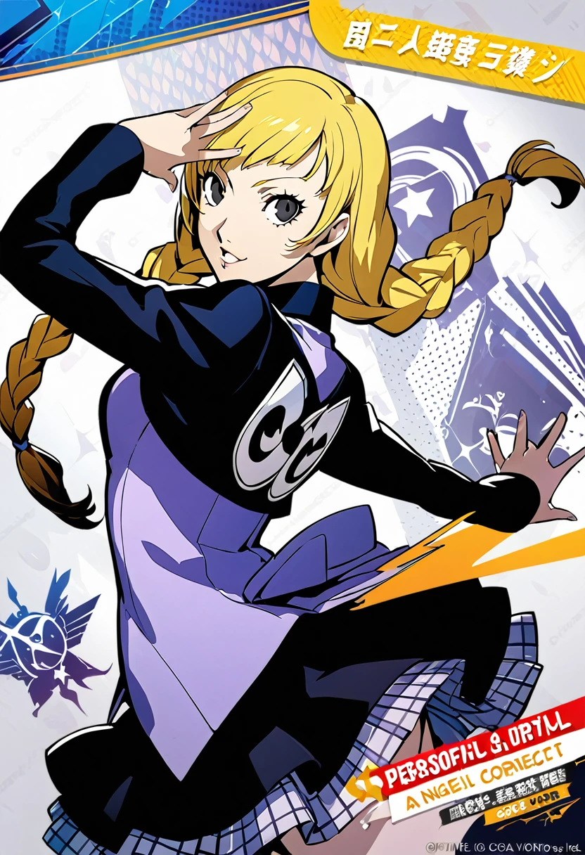 eautiful girl, long braids, blonde hair, black eyes, teen, Persona5 character, Taiga Asaki ,masterpiece, meilleure qualité, pose dynamic, pretty, lavender color, side bangs, idol, character concept art, angelic, shujin academy, skirt