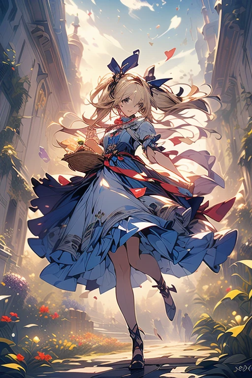 (perky chest:1.2), (pointed chest:1.2),(((Black Tunic:1.3))),(((cakes and bread in the basket),Cute and beautiful girl,Cute round face,Cute smile,with blush cheeks,Red Lip,a girl 16 years old, nsfw:1.3, beautiful body:1.3), shinny skin, BREAK, ((alice in the wonderland:1.4, cute, kawaii, lovely, funny, a girl falling down from sky:1.4, the girl is flying in sky:1.2, girl floating in air:1.3, rolling upskirt by wind:1.5, (with sparkling eyes and a contagious smile),open mouth, Looking at Viewer, surprised, putting hands on crotch over the skirts:1.5)), BREAK, ((floating things as follows:1.3, PlayingCards, Trump, tea cup, tea pot, tea spoons, pocket watch:1.3, lip sticks, candies:1.2, cookies, jam bottles, classical door_keys)), ((long purply_Blue dress :1.5, wearing long flaired skirt:1.3, the skirt is blowing:1.3, cute White Apron, black stockingedium long platinum-blonde hair:1.2, twin tail hair:1.6, tied hair with a cute ribbon), (Blue eyes, bright pupils with highlights, detailed eyes), (lying down on your back:0.7, spreading legs with rising up straight:0.7), sexy posture, fantastic colorful art, (fantasy art:1.3, wondered images), ((correct anatomy:1.5, perfect anatomy:1.3, correct hand, )),