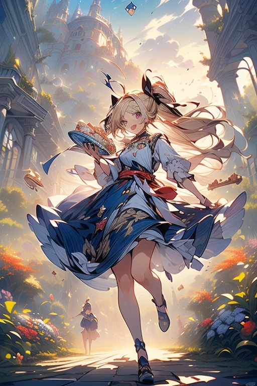 (perky chest:1.2), (pointed chest:1.2),(((Black Tunic:1.3))),(((cakes and bread in the basket),Cute and beautiful girl,Cute round face,Cute smile,with blush cheeks,Red Lip,a girl 16 years old, nsfw:1.3, beautiful body:1.3), shinny skin, BREAK, ((alice in the wonderland:1.4, cute, kawaii, lovely, funny, a girl falling down from sky:1.4, the girl is flying in sky:1.2, girl floating in air:1.3, rolling upskirt by wind:1.5, (with sparkling eyes and a contagious smile),open mouth, Looking at Viewer, surprised, putting hands on crotch over the skirts:1.5)), BREAK, ((floating things as follows:1.3, PlayingCards, Trump, tea cup, tea pot, tea spoons, pocket watch:1.3, lip sticks, candies:1.2, cookies, jam bottles, classical door_keys)), ((long purply_Blue dress :1.5, wearing long flaired skirt:1.3, the skirt is blowing:1.3, cute White Apron, black stockingedium long platinum-blonde hair:1.2, twin tail hair:1.6, tied hair with a cute ribbon), (Blue eyes, bright pupils with highlights, detailed eyes), (lying down on your back:0.7, spreading legs with rising up straight:0.7), sexy posture, fantastic colorful art, (fantasy art:1.3, wondered images), ((correct anatomy:1.5, perfect anatomy:1.3, correct hand, )),