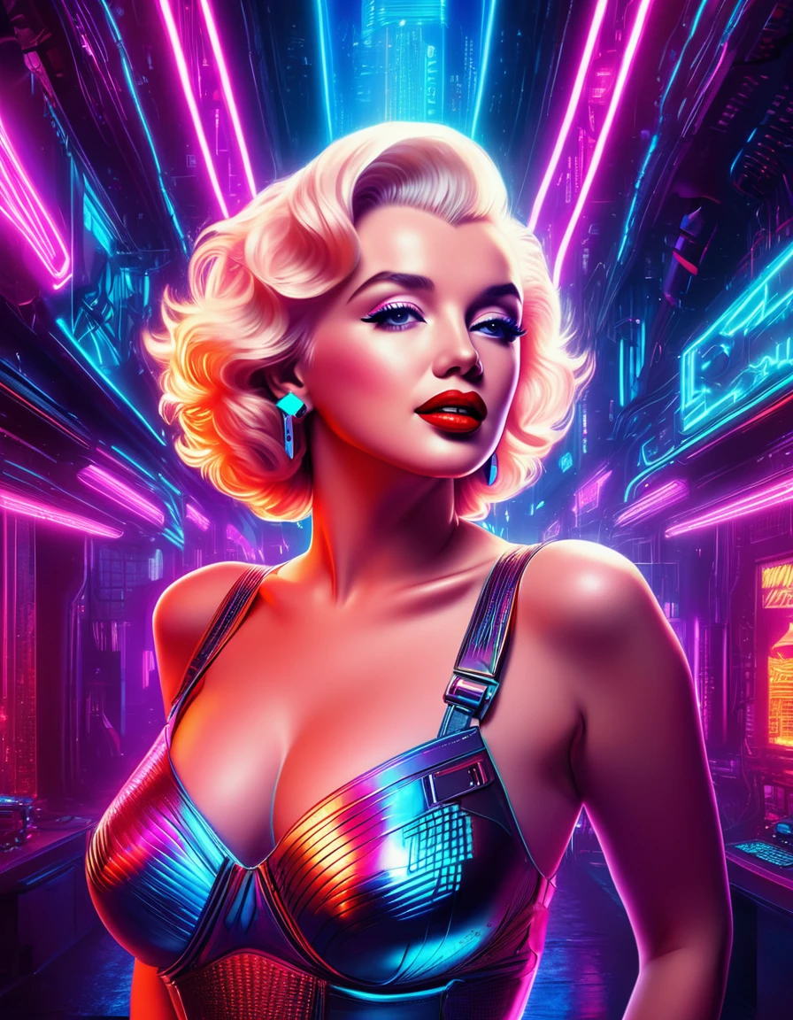 Marilyn Monroe in a cyberpunk setting, with neon lights, metallic textures, and a high-tech, futuristic vibe. Hyper-realistic photo, vibrant colors, 16k