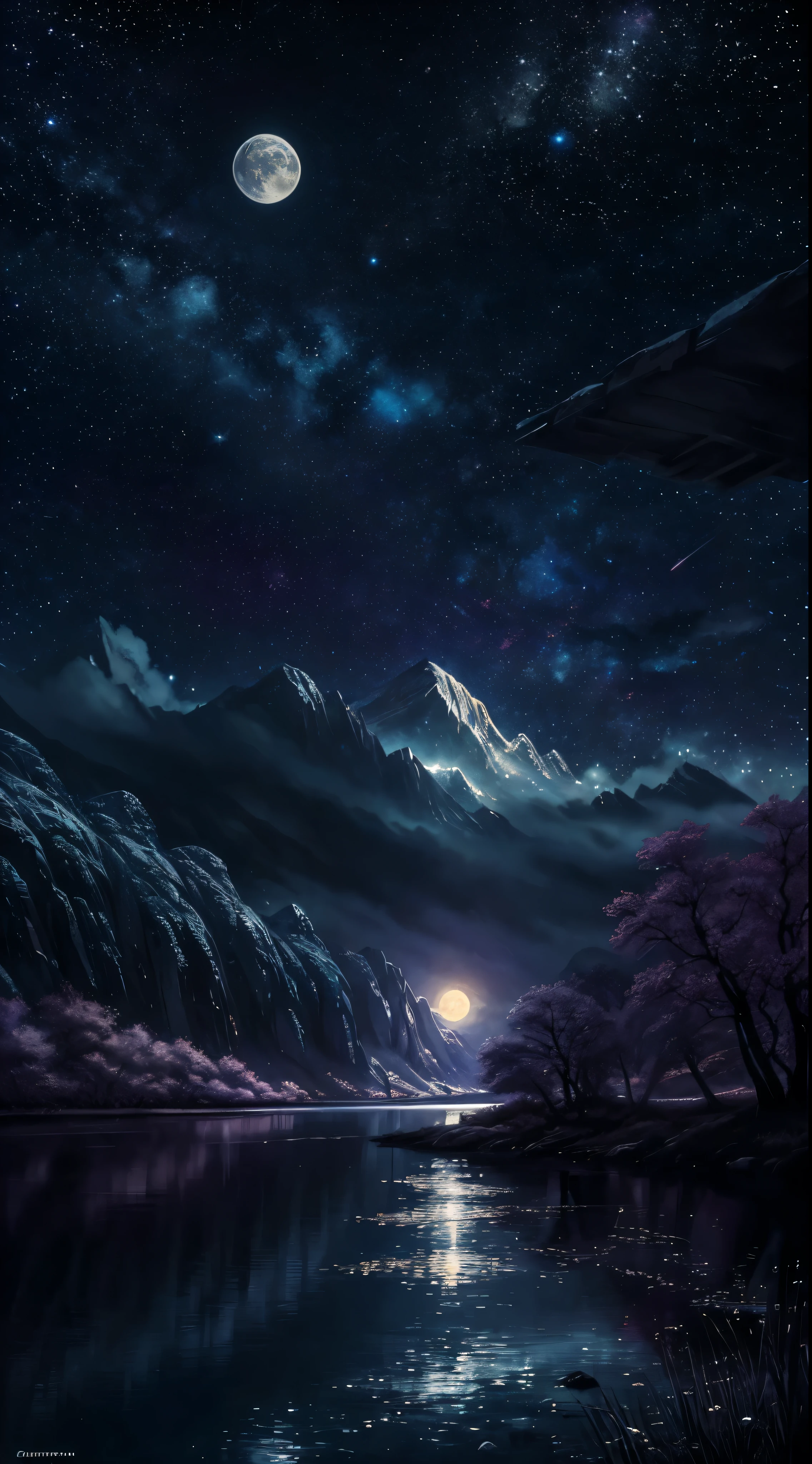 A highly condensed beauty dressed in a painting of stars and moons in the river and sky, concept art inspired by Tosa Mitsuoki, pixiv competition winner, best quality, fantasy art, beautiful anime scenes, a round of bright moon, starry sky environment in the moonlight, dream painting, anime background art, dream landscape art, fantastic night, anime background, background artwork, fantastic art, atmospheric anime, starry sky, detail enhancement.  