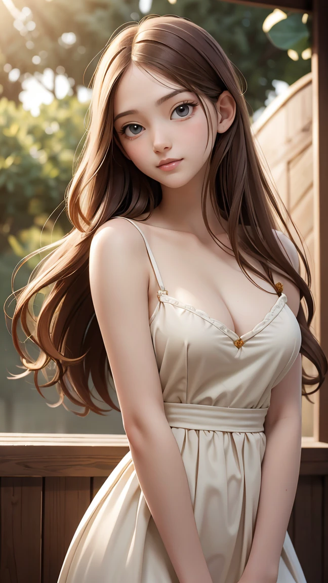 oil painting by Leonardo da Vinci, realistic photography, girl, long hair, her eyes are sweet and vibrant, soft sunlight, pale skin, big bust, sundress, Adobe Illustration, Trending on Artstation, 8K, hd, cinematic, masterpiece, magnificent art, best quality, romanticism
