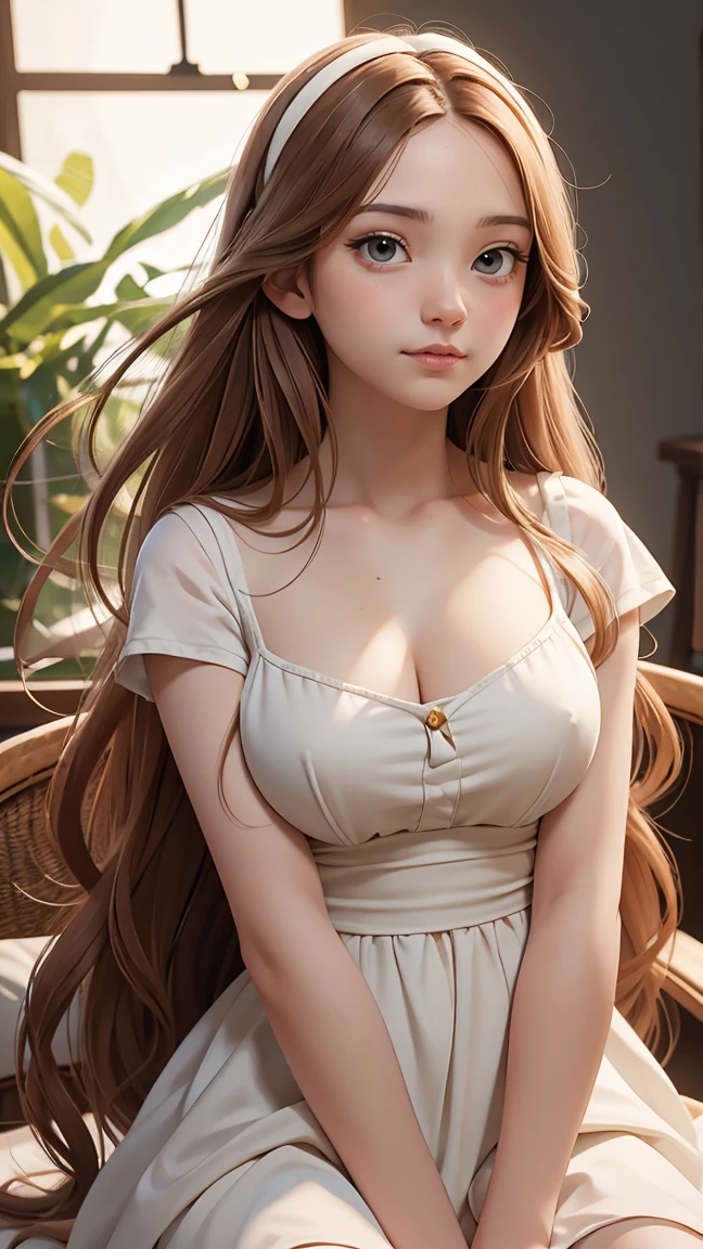 oil painting by Leonardo da Vinci, realistic photography, girl, long hair, her eyes are sweet and vibrant, soft sunlight, pale skin, big bust, sundress, Adobe Illustration, Trending on Artstation, 8K, hd, cinematic, masterpiece, magnificent art, best quality, romanticism