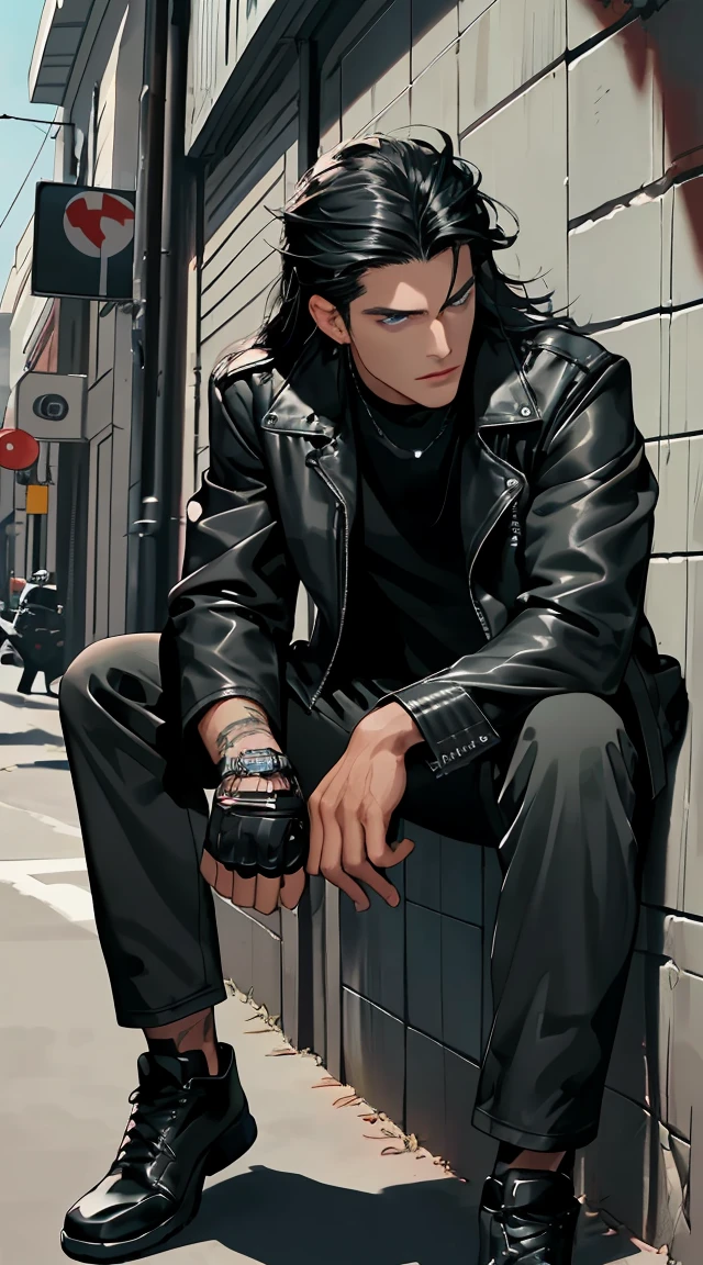 a handsome man in a black leather jacket, at a street, sitting on a motorbike, ready for action, trunk, Bblack hair, long hair, blue colored eyes, close up,Biker (looking at the camera), (Candid, amator), (cru, 8K, ultra HD, Fujifilm XT3),