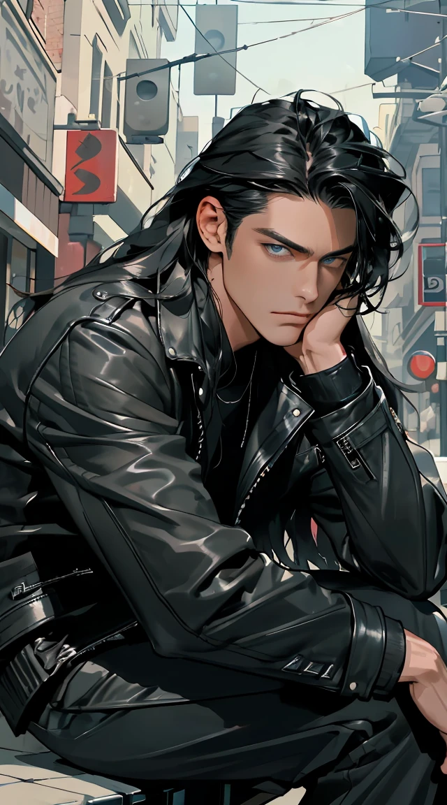 a handsome man in a black leather jacket, at a street, sitting on a motorbike, ready for action, trunk, Bblack hair, long hair, blue colored eyes, close up,Biker (looking at the camera), (Candid, amator), (cru, 8K, ultra HD, Fujifilm XT3),