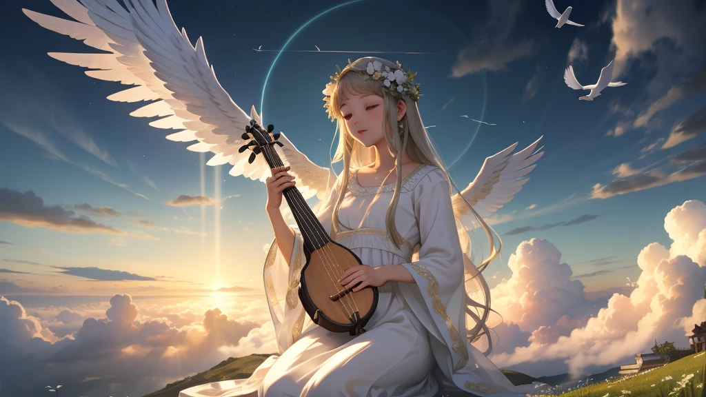 最high quality、high quality、A clear and pretty face、Paradise、Greek God々、Sanctuary Grasslands、Long dress、Full of light、Mysterious、Little angels around God playing instruments、雲の中にGreek God殿、You can see the sea of clouds、skyline、