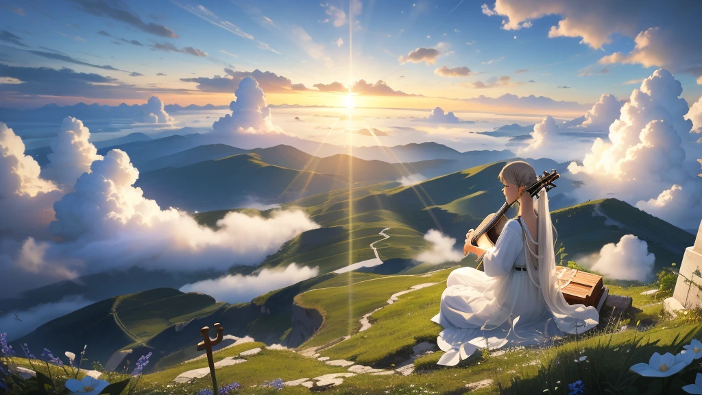 最high quality、high quality、A clear and pretty face、Paradise、Greek God々、Sanctuary Grasslands、Long dress、Full of light、Mysterious、Little angels around God playing instruments、雲の中にGreek God殿、You can see the sea of clouds、skyline、