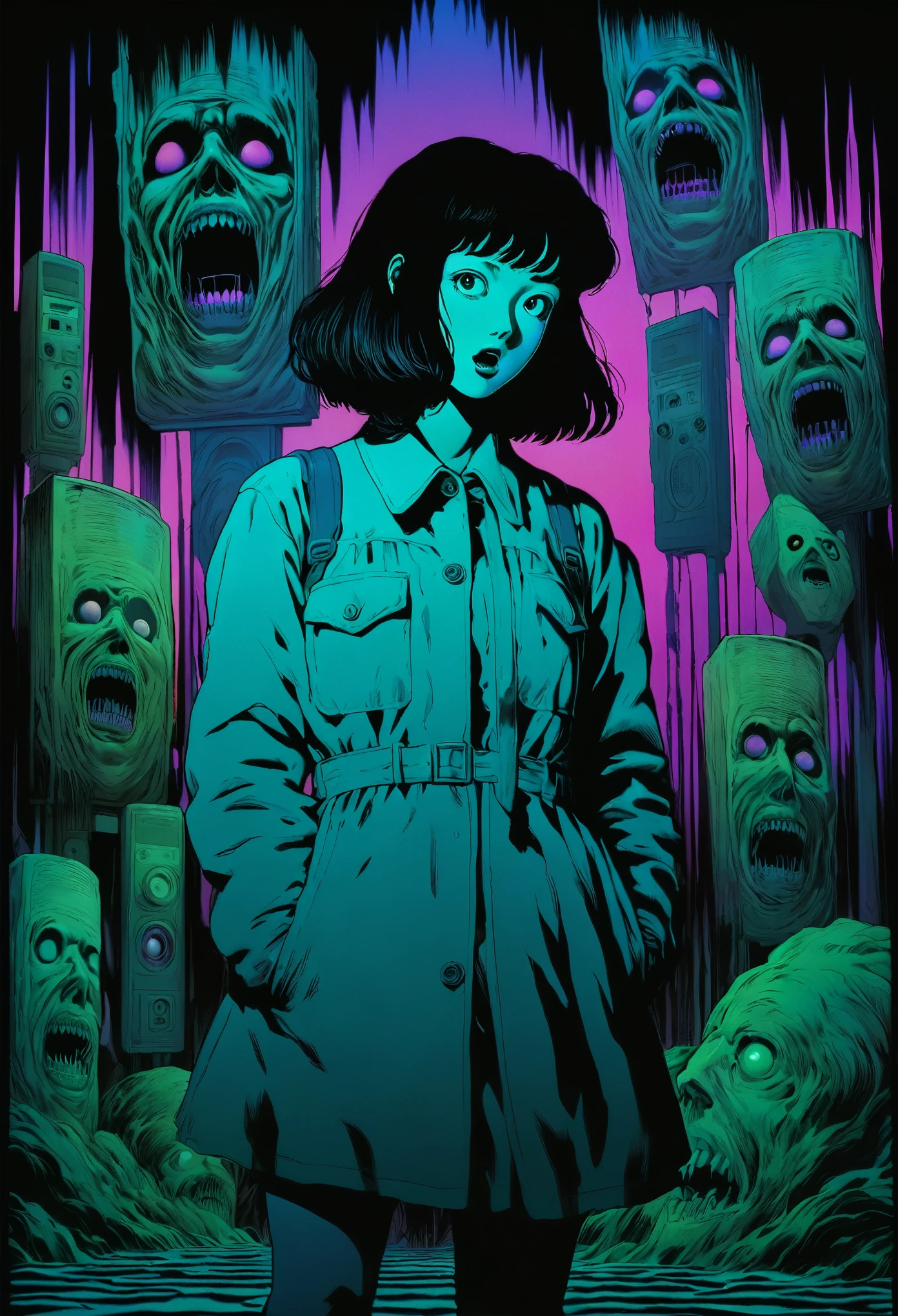 illust、art、from 80s horror movie, directed by Junji Ito、Statue of Fear、high detail, realsitic shadow、Analog style, vhs style, 8mm film, chromatic aberration, Dvd screengrab、Surrealism、Complementary color gradient