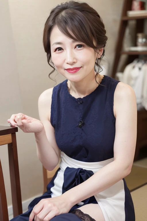 8K, Mature elegant Japanese woman, 55 years old, Married women, Delicate features, Long eyelashes, Sparkling eyes, Low Ponytail, Red lipstick, Rosy Cheeks, eye shadow, Attractive lips,  Lolita Fashion,stockings,  photo shoot,  (Highest quality,8K,High resolution,masterpiece:1.2),