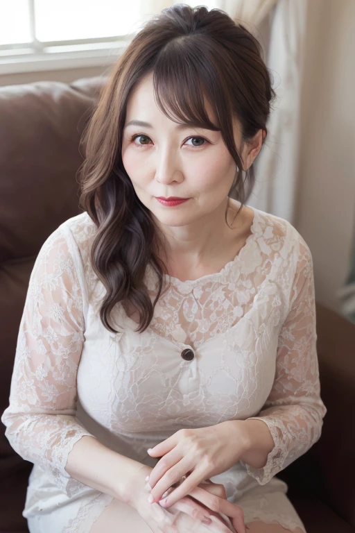 8K, Mature elegant Japanese woman, 55 years old, Married women, Delicate features, Long eyelashes, Sparkling eyes, Low Ponytail, Red lipstick, Rosy Cheeks, eye shadow, Attractive lips, ta Fashion,stockings, photo shoot, (Highest quality,8K,High resolution,masterpiece:1.2),