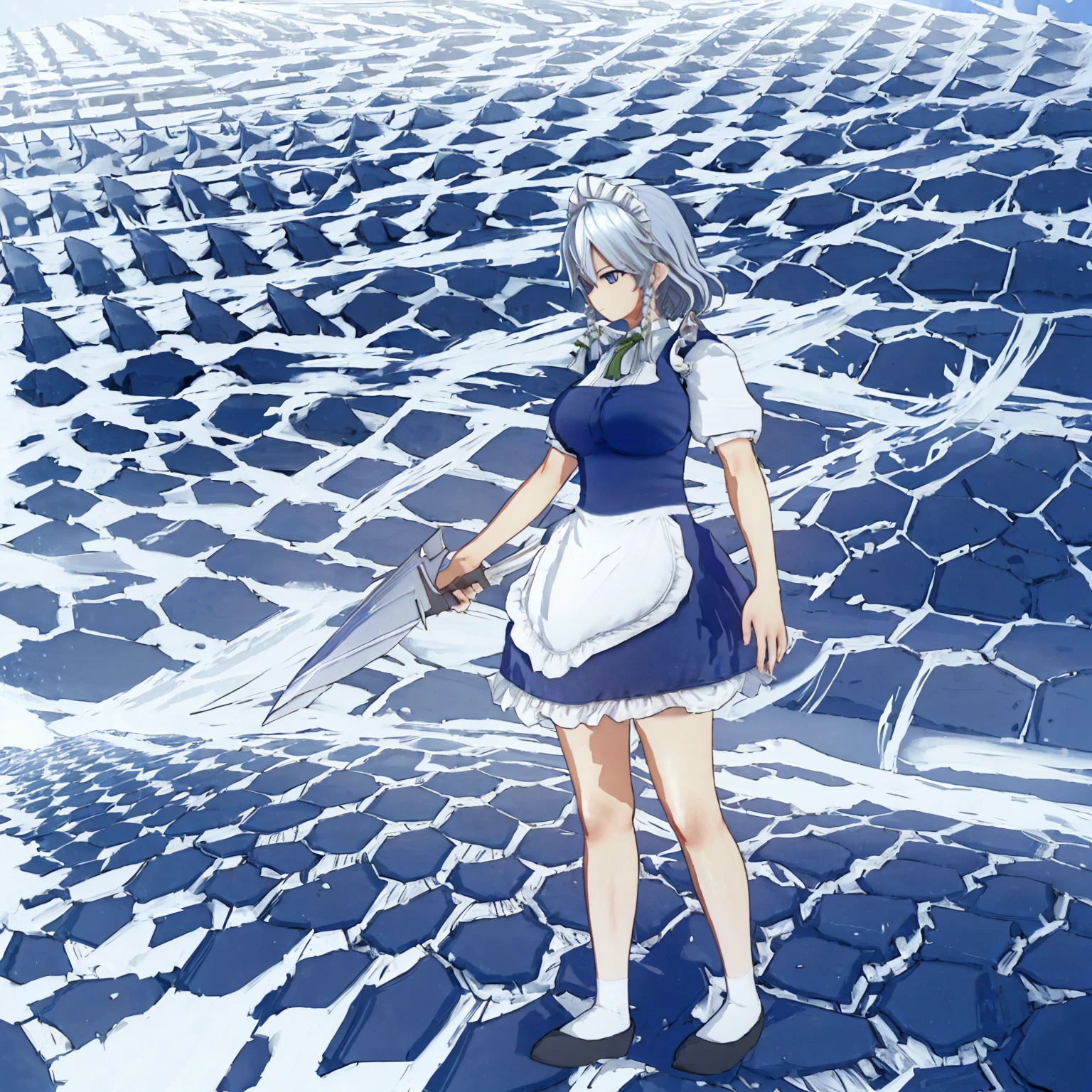 (((High quality))), Sakuya Izayoi, holding knives, epic fight stand, ((solo)), full body, blue maid dress, shoes