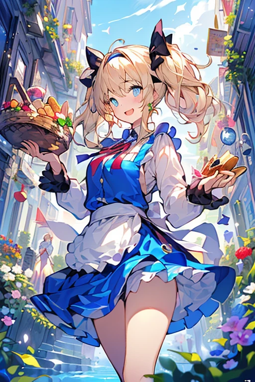 (perky chest:1.2), (pointed chest:1.2),(((Black Tunic:1.3))),(((cakes and bread in the basket),Cute and beautiful girl,Cute round face,Cute smile,with blush cheeks,Red Lip,a girl 16 years old, nsfw:1.3, beautiful body:1.3), shinny skin, BREAK, ((alice in the wonderland:1.4, cute, kawaii, lovely, funny, a girl falling down from sky:1.4, the girl is flying in sky:1.2, girl floating in air:1.3, rolling upskirt by wind:1.5, (with sparkling eyes and a contagious smile),open mouth, Looking at Viewer, surprised, putting hands on crotch over the skirts:1.5)), BREAK, ((floating things as follows:1.3, PlayingCards, Trump, tea cup, tea pot, tea spoons, pocket watch:1.3, lip sticks, candies:1.2, cookies, jam bottles, classical door_keys)), ((long purply_Blue dress :1.5, wearing long flaired skirt:1.3, the skirt is blowing:1.3, cute White Apron, black stockingedium long platinum-blonde hair:1.2, twin tail hair:1.6, tied hair with a cute ribbon), (Blue eyes, bright pupils with highlights, detailed eyes), (lying down on your back:0.7, spreading legs with rising up straight:0.7), sexy posture, fantastic colorful art, (fantasy art:1.3, wondered images), ((correct anatomy:1.5, perfect anatomy:1.3, correct hand, )),