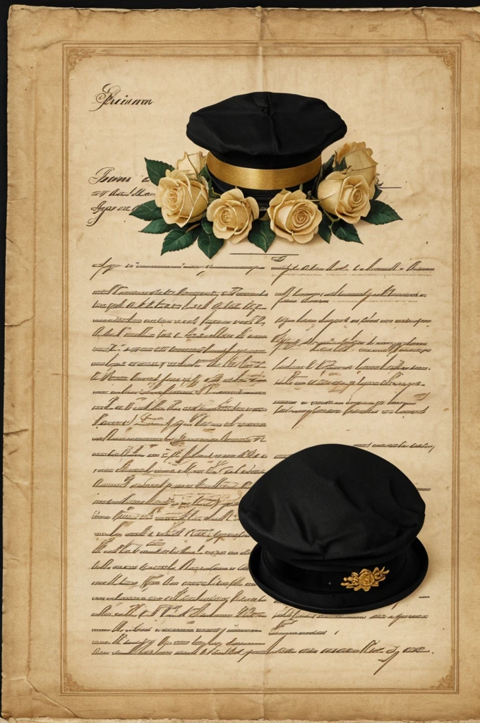 Image of open parchment with black cap and two golden roses