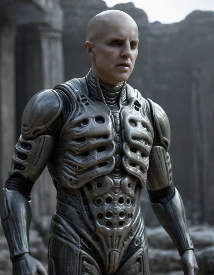Engineer1024, cinematic movie still of the Prometheus movie by Ridley Scott, a bald pale semi-alien male with dark black eyes, ivory bio-metallic-bone black armor inspired by H. R. Giger, extremely detailed pale skin with visible respiratory pores, in a dynamic pose, angry expression,
extremely high quality RAW photograph, exquisite details and textures, highly detailed, ultra detailed photograph, dramatic cinematic lighting, 4k,
highest resolution, (bokeh:1.3), (best quality, masterpiece:1.3), ultra high res, 16k unity wallpaper, intricate details, highest detailed, sharp focus, extreme shadow-play, low key, backlit, (filmgrain:1.3)
dramatic full body shot, wide angle view
ancient ruins of an otherworldly alien planet , dusty atmospheric haze, mesmerizing fog, dark pastel colors