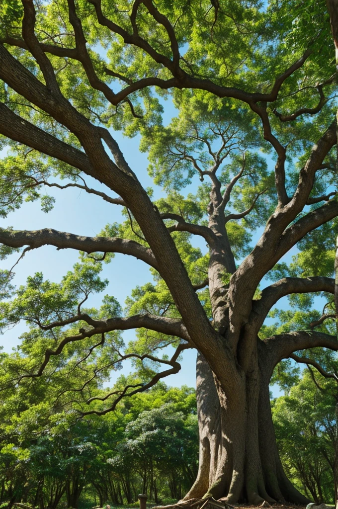 An oak tree with its majestic branches and large roots, where a sloth rests peacefully, enjoying the tranquility and shade provided by the tree. Meanwhile, a hummingbird flutters nearby, with its vibrant colors and fast, agile flight, adding a touch of movement and life to the environment. And a morpho butterfly, with its stunning iridescent blue tones, flutters elegantly around the tree, completing this natural and beautiful scene. super realistic