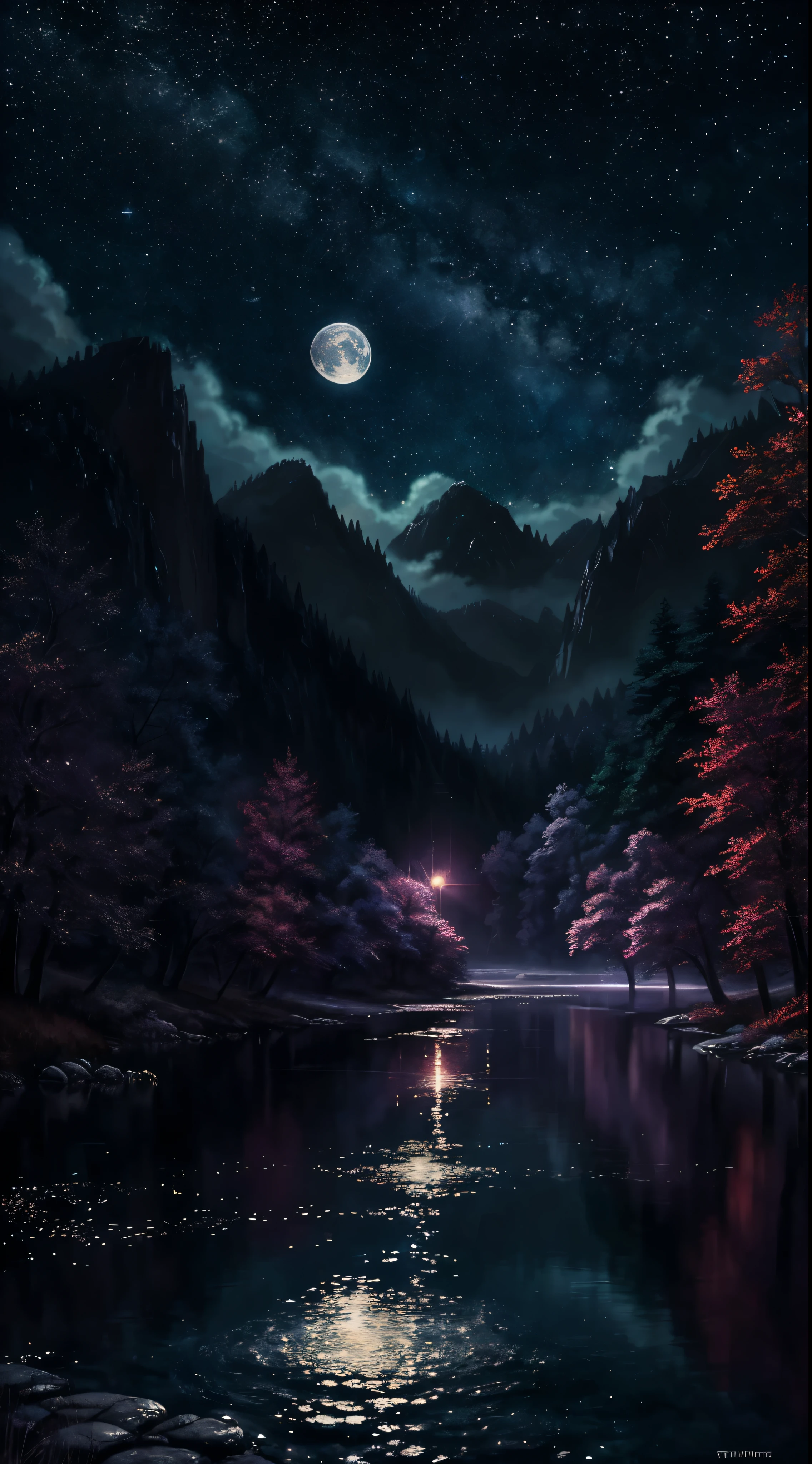 A highly condensed beauty dressed in a painting of stars and moons in the river and sky, concept art inspired by Tosa Mitsuoki, pixiv competition winner, best quality, fantasy art, beautiful anime scenes, a round of bright moon, starry sky environment in the moonlight, dream painting, anime background art, dream landscape art, fantastic night, anime background, background artwork, fantastic art, atmospheric anime, starry sky, detail enhancement.  