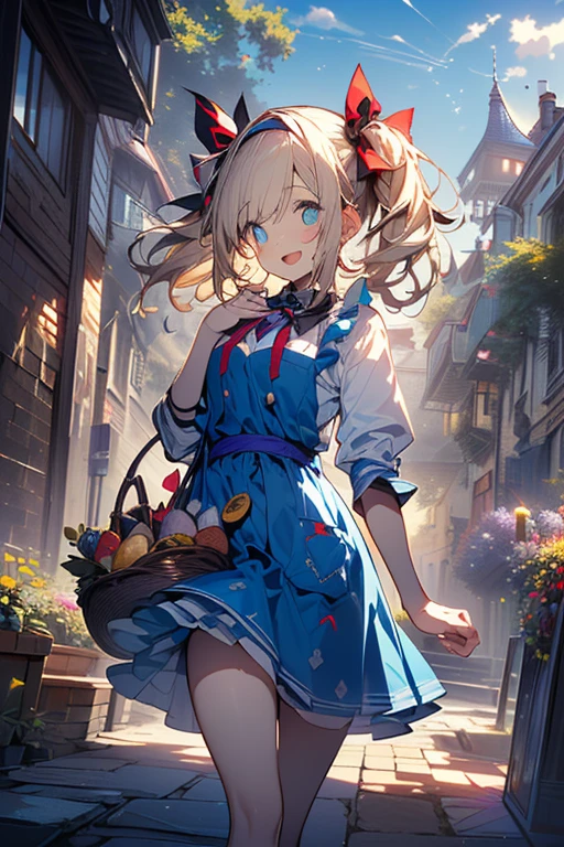(perky chest:1.2), (pointed chest:1.2),(((Black Tunic:1.3))),(((cakes and bread in the basket),Cute and beautiful girl,Cute round face,Cute smile,with blush cheeks,Red Lip,a girl 16 years old, nsfw:1.3, beautiful body:1.3), shinny skin, BREAK, ((alice in the wonderland:1.4, cute, kawaii, lovely, funny, a girl falling down from sky:1.4, the girl is flying in sky:1.2, girl floating in air:1.3, rolling upskirt by wind:1.5, (with sparkling eyes and a contagious smile),open mouth, Looking at Viewer, surprised, putting hands on crotch over the skirts:1.5)), BREAK, ((floating things as follows:1.3, PlayingCards, Trump, tea cup, tea pot, tea spoons, pocket watch:1.3, lip sticks, candies:1.2, cookies, jam bottles, classical door_keys)), ((long purply_Blue dress :1.5, wearing long flaired skirt:1.3, the skirt is blowing:1.3, cute White Apron, black stockingedium long platinum-blonde hair:1.2, twin tail hair:1.6, tied hair with a cute ribbon), (Blue eyes, bright pupils with highlights, detailed eyes), (lying down on your back:0.7, spreading legs with rising up straight:0.7), sexy posture, fantastic colorful art, (fantasy art:1.3, wondered images), ((correct anatomy:1.5, perfect anatomy:1.3, correct hand, )),