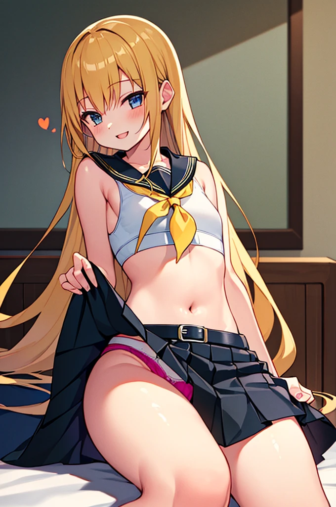 (masterpiece), (Highest quality), (Super detailed), ((Very delicate and beautiful)), One girl, 独奏, (Satsuki), Blonde, Black Sailor Suit, White neckerchief, Crescent Pin, (very long hair), smile, Flat Chest, belt, Black Skirt, Open your mouth, Sitting, on bed, indoors, Detailed iris, young, (Skirt Lift), (panties),(panties), (Sports Bra), (In underwear), (Flashy underwear), (lingerie) ,((nsfw))