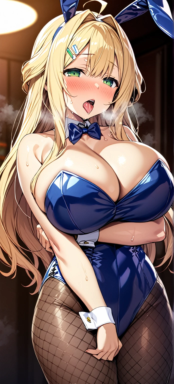 (((score_9, score_8_up, score_7_up,
1girl,solo,long hair,blonde hair,green eyes,ahoge,hair intakes,bow,))),((white hairpin,hairclip)),((Perfect body,))((Super beautiful,))((High quality,)),(Heavy breathing,saliva,blush, sweat, Sweaty and wet all over,Steam,),((iyojima anzu, blond hair,green eye,)),((gigantic breast)),((Perfect body,))((Super beautiful,))((High quality,)),pov,Looking at Viewer,open mouth,tongue out,half open eyes,Steam,COWBOY SHOT,nipple,((Playboy Bunny girl costume,fishnets pantyhose,pantyhose,bunny rabbit ear hairband,)),