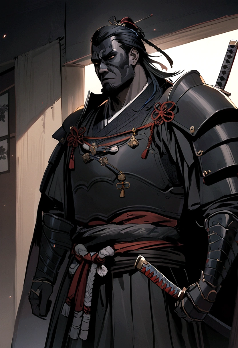 Felipe Eyng as a samurai, katana ornamental, black armour, grimdark, barba, best qualityer,