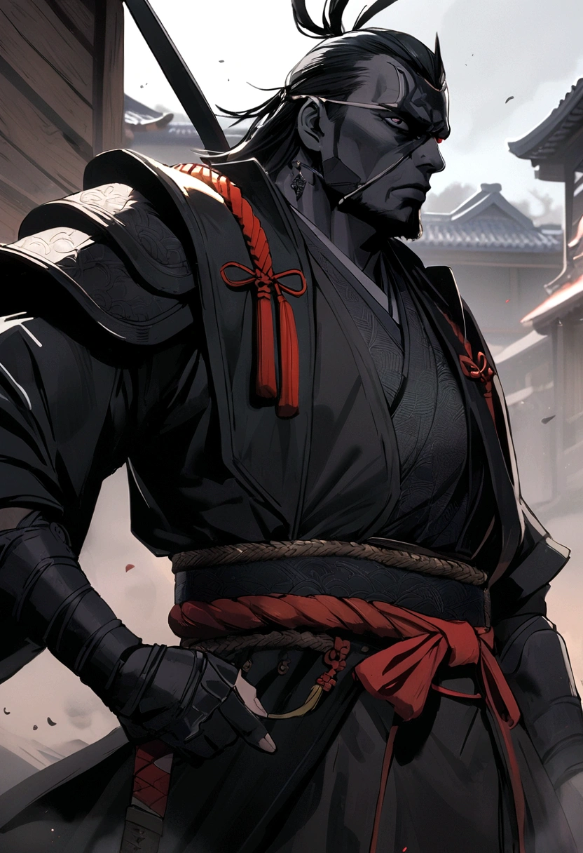 Felipe Eyng as a samurai, katana ornamental, black armour, grimdark, barba, best qualityer,