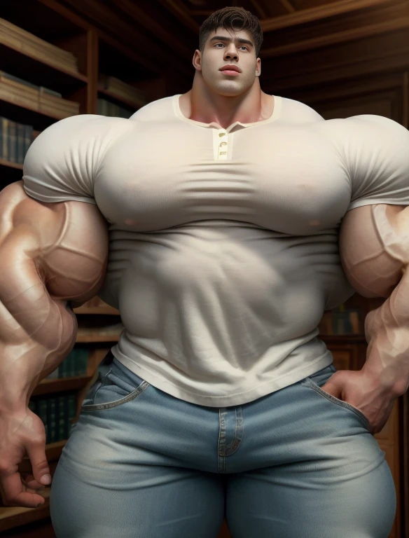 1boy, giant, alone, giant bodybuilder, wet, illuminating light, strong body, bulk, large size, stay in the bookshelf room, indoor, wear white henley shirt and jean pants, massive bulge, bulge, extraordinary big, brutalmass, giant muscular body, bulk, buff, massive body, large meaty body size, extremely wide body,