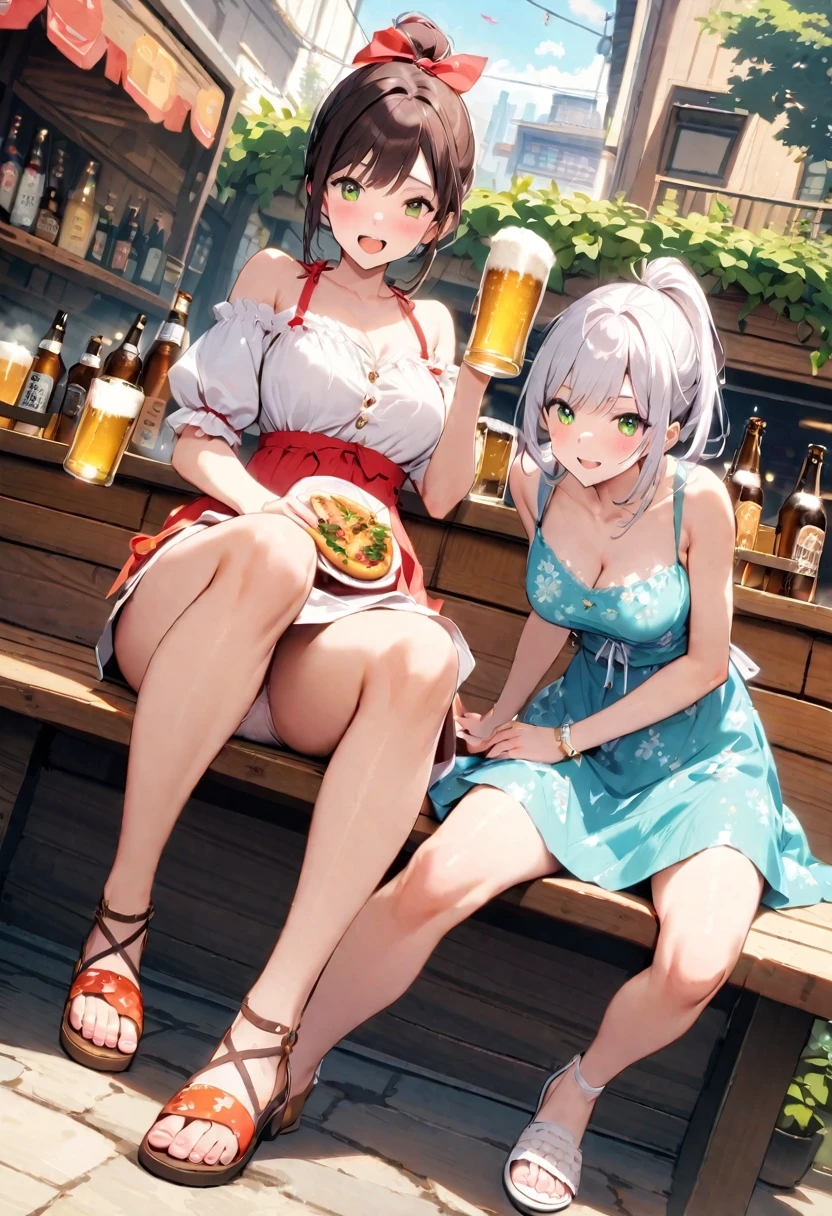 Highest quality、High resolution、Detailed Background、Beautiful face in every detail、Beautiful girl in her 20s、Highly detailed face、Cute hair colour、ponytail、Bobcut、Perfect body line、
(Two women having a good time with friends in a beer garden with beautiful views of Tokyo Bay:1.5)、drinking beer、
Going to a beer garden with friends and family can make for a more enjoyable atmosphere.、
You can enjoy delicious food along with your beer.、
sausage、potato、Pizza etc.、Choose a dish that goes well with beer、
A light summer dress is recommended.、Enhance your femininity with floral prints and one-piece dresses、For your feet, it is a good idea to choose cool, comfortable shoes such as sandals or espadrilles.、very beautiful