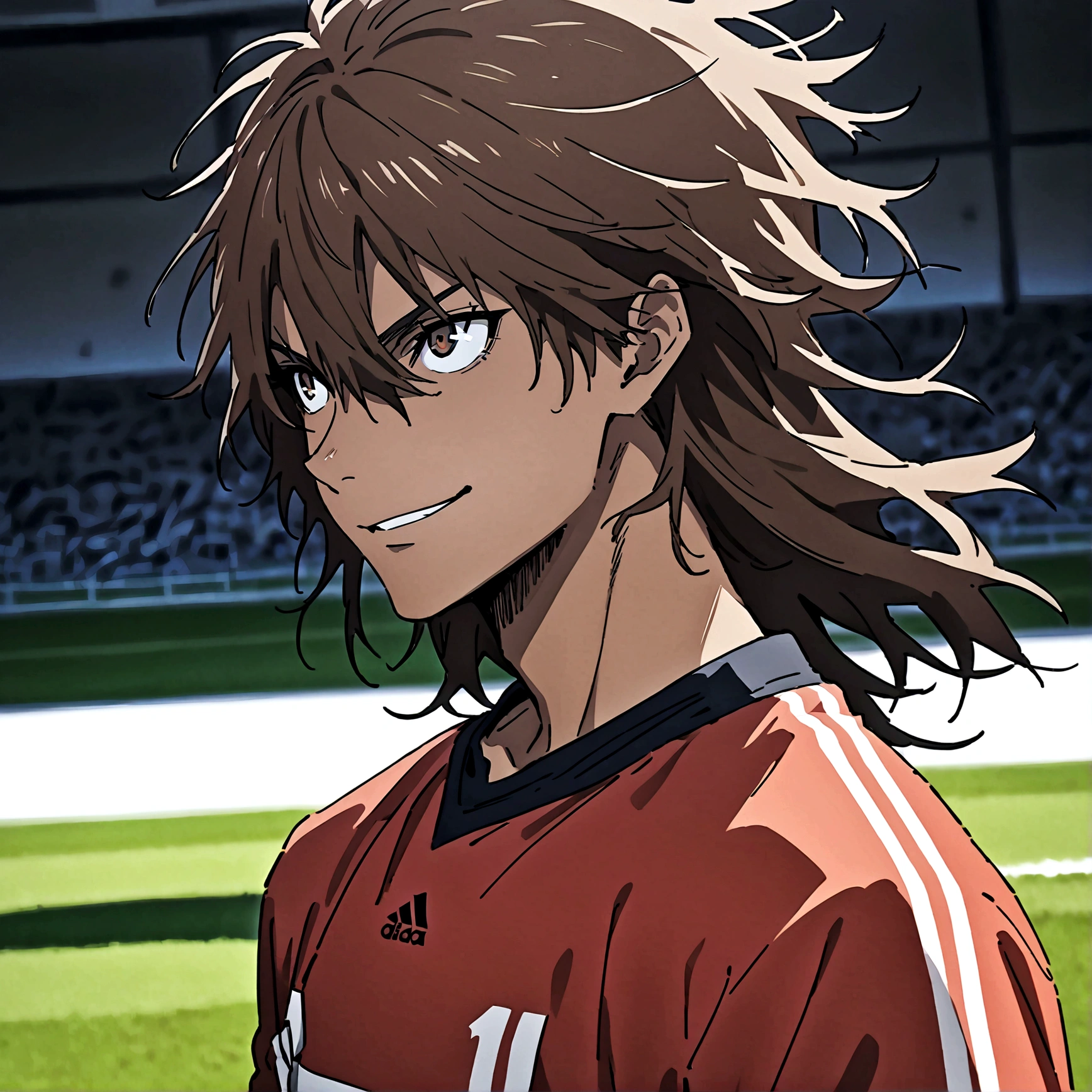 1boy, lion eyes, Vestindo a camisa da seleção da Espanha da Adidas, Sentado no centro do campo, brown eyes, fashionable hair, brown hair, red shirt, number 11, looking at the side, upperbody, messy hair, detailed eyes, {brown skin}, {smirk}, masterpiece, best quality, {{{long hair}}}