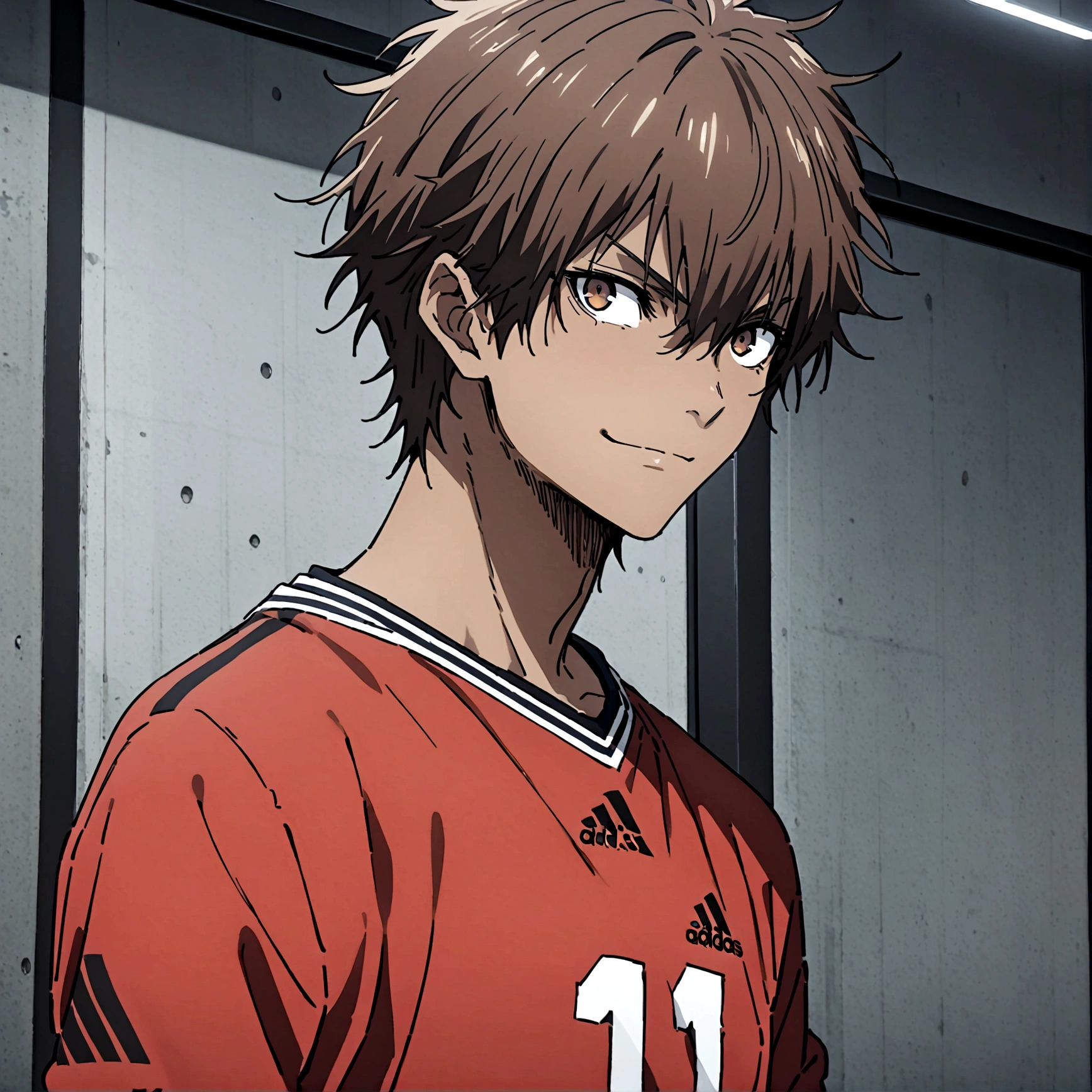 1boy, lion eyes, Vestindo a camisa da seleção da Espanha da Adidas, Sentado no centro do campo, brown eyes, fashionable hair, brown hair, red shirt, number 11, looking at the side, upperbody, messy hair, detailed eyes, {brown skin}, {smirk}, masterpiece, best quality, {{{long hair}}}