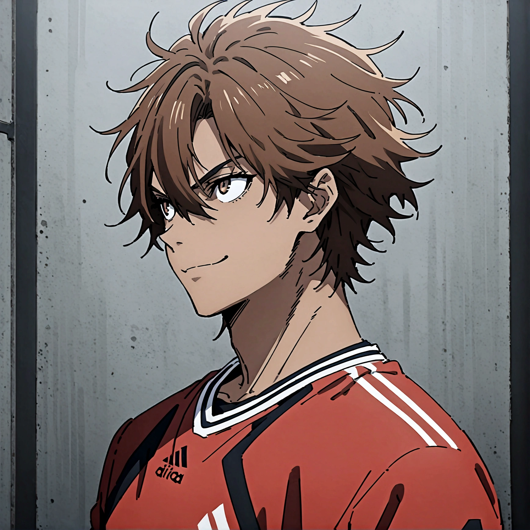 1boy, lion eyes, Vestindo a camisa da seleção da Espanha da Adidas, Sentado no centro do campo, brown eyes, fashionable hair, brown hair, red shirt, number 11, looking at the side, upperbody, messy hair, detailed eyes, {brown skin}, {smirk}, masterpiece, best quality, {{{long hair}}}