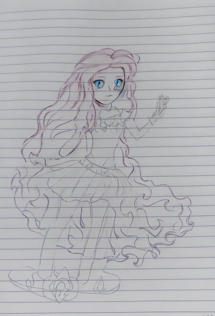 an art, one with long pink hair, blue eyed dear,
