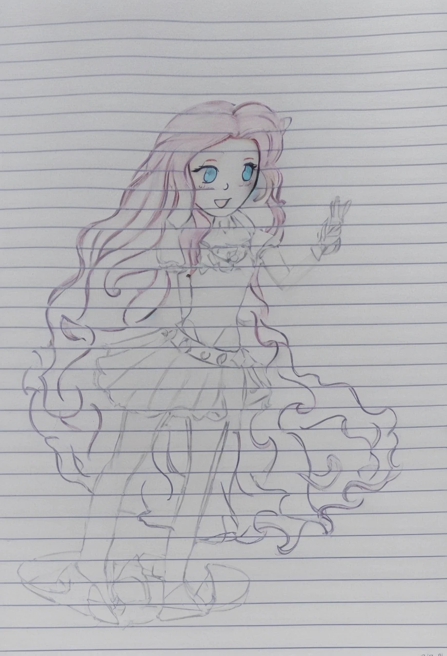 an art, one with long pink hair, blue eyed dear,